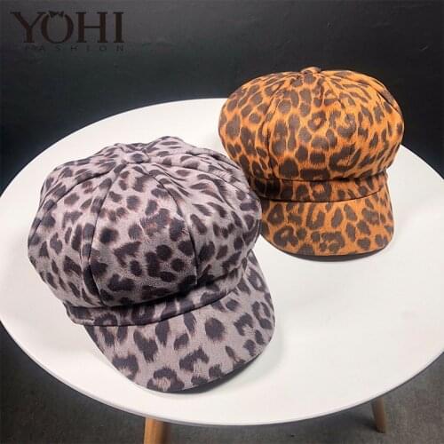 YOHI New fashion Womens autumn and winter new leopard beret outdoor retro suede octagonal cap
