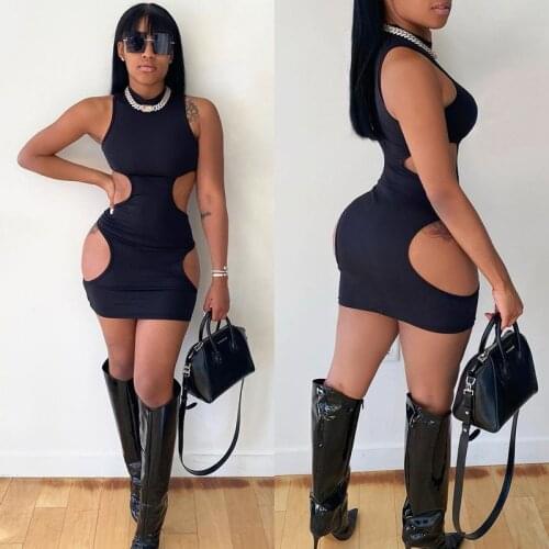 WJFZQM Bodycon Dresses Women Sleeveless Hollow Out Mini Party Wrap Dress Sexy Fashion Clubwear Ladies Streetwear Summer Outfit