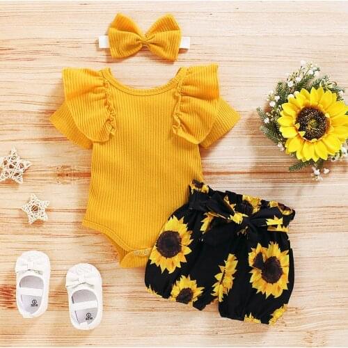 Newborn Infant Baby Girls Clothes Summer Toddler Short Sleeve Ruffles Romper+Floral Sunflower Print Shorts Headband Outfits Set