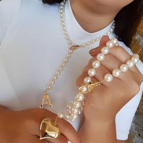 Initial Letter Gothic Pearl Pendant Choker Necklace Women Wedding Boho Elegant Lover Heart Lariat Color Long Chain Jewelry