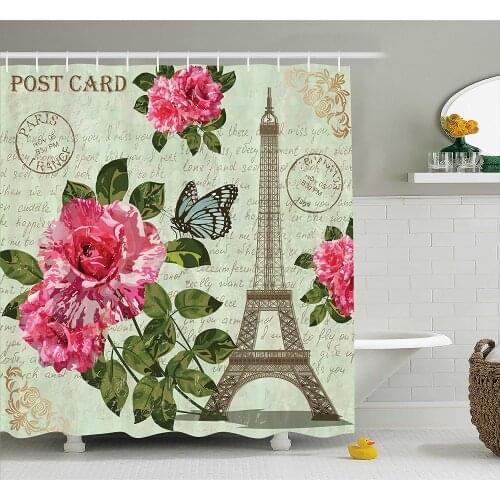 Paris Shower Curtain Shabby Chic Romantic Roses Flowers Leaves with Eiffel Tower and Abstract Lettering Bathroom Curtains