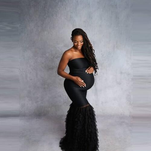 New Black Mermaid Pregnancy Photo Shoot Gowns Boat Neck Strapless Stretchy Long Ruffles Custom Made Tulle Maternity Dresses