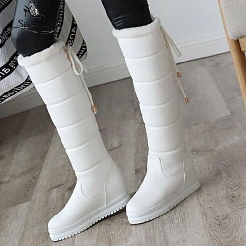 Sgesvier 2020 hot sale winter keep warm fashion snow boots solid lace up platform knee high boots large size 34-43 black white