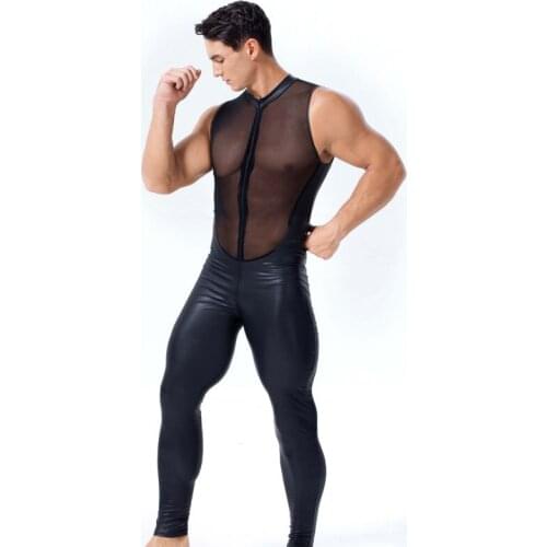 Sexy Men Mesh Patchwork Bodysuit PU Faux Leather Bodysuit Sheer See Through Bandage Leotard Gay Wear Sexy Tight Jumpsuit F41