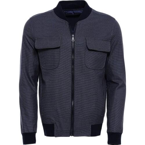 Zippered Patch Pocket Blue Bomber Coat