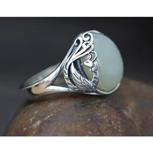 New Silver Retro Jewelry Phoenix Ring Craft Charm Inlaid Jade Female Opening Adjustable Design Temperament Valentines Day Gift
