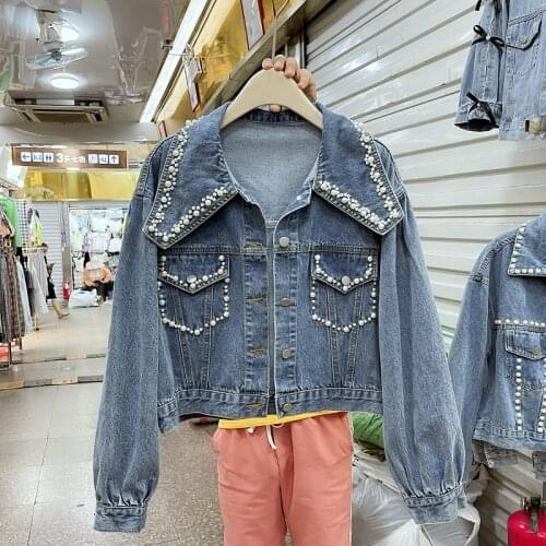 Heavy Work Pearl Beaded Doll Collar Denim Jacket Vintage Women Lantern Sleeve Casual Chaqueta Mujer Autumn New Female Streetwear