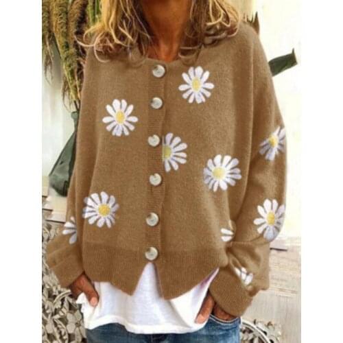 WomenS Knitted Jacket Long-Sleeved Cardigan Fresh Small Daisy Round Neck Single-Breasted Autumn New Casual College Style Simple