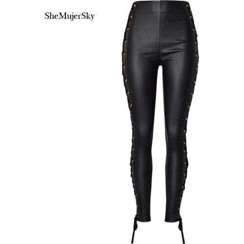 SheMujerSky PU Leather Skinny Woman High Waist Pencil Pants Trousers Bandage Sexy Women Pant