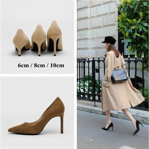 2020 Flock Leather Heels Women Pumps Bucket Pointed Toe High Heels Sexy Lady Shoes Thin Heels Chaussure Femme Autumn