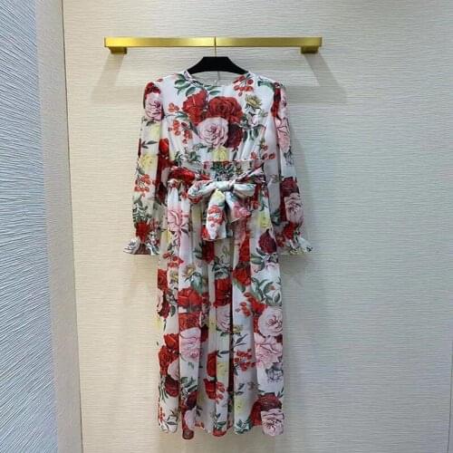 High Quality Women Summer Beach Chiffon Long Dress Elegant Elasticity Waist Belt Flowers Print Runway Hot Sale Dress