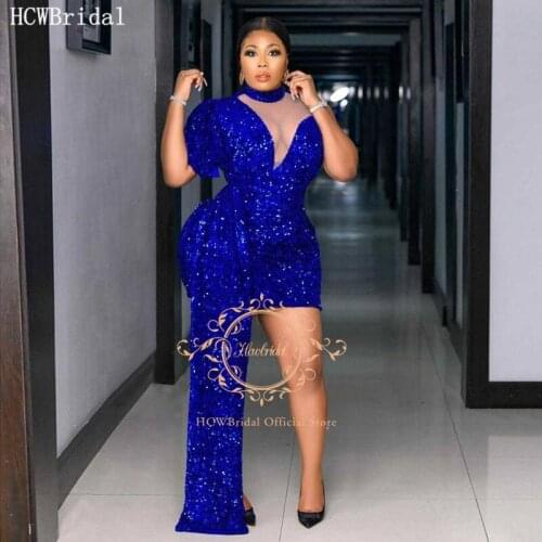 Royal Blue Prom Dresses Short Sleeves Sheath Sparkly Sequin Party Dress For Black Women See Through Short Prom Gowns