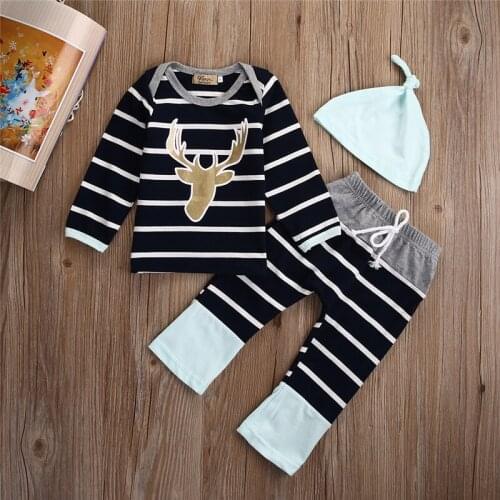 2021 Infant Baby Girl Boy Clothes Cotton Striped animal Tops T-shirt+Pants+Hat 3pcs Outfits Autumn Cotton Casual Set
