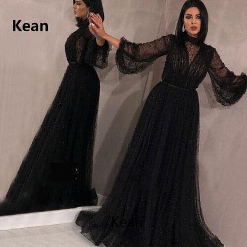 Black Muslim Evening Dress Puff Sleeve Pearls Lace Special Occasion Party Islamic Dubai Kaftan Saudi Arabic Evening Gown Prom