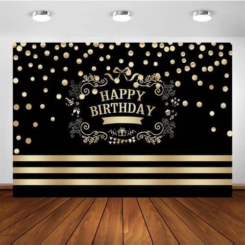 Black Gold Party Backdrop for Birthday Golden Dots Photography Background Happy Birthday Banner Decorations Photoshoot Backdrops