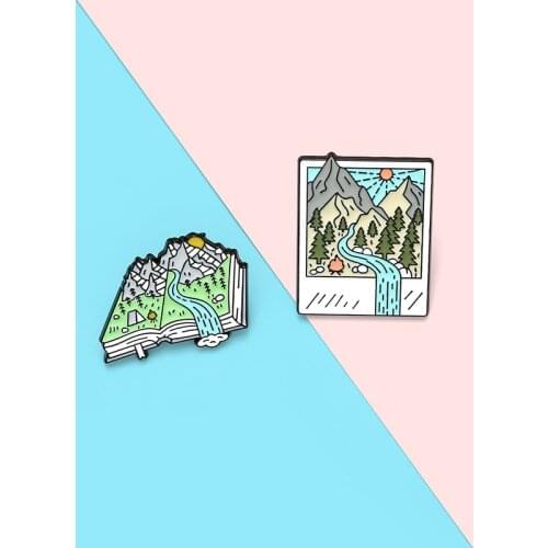 Camping Enamel Pin Custom Mountain Forest Photo Picture Book Brooch Bag Clothes Lapel Pins Badge Jewelry Gift for Friends