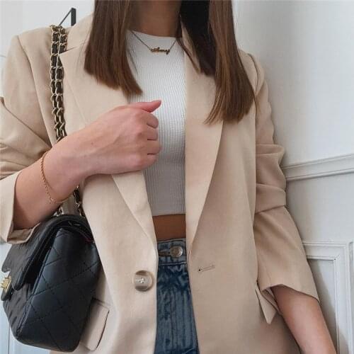 Evfer Women New Spring Elegant Single Button Za Beige Long Blazers Chic Lady Casual Long Sleeve Double Pockets Loose Outwear