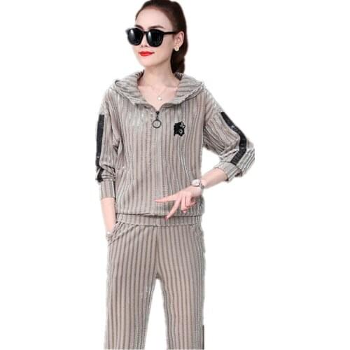 European fashion for women Sporting suit female Corduroy casual Striped 2 piece suit Hooded NEW Lady clothes set Tracksuit 1588