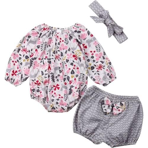 Focusnorm 3PCS Newborn Baby Girl Outfits Clothes Floral Tops Long Sleeve Romper+Shorts Pants Headband 3PCS Set 0-18M
