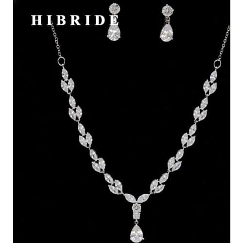HIBRIDE Elegant Leaf Design Cubic Zirconia Pendant Dubai Jewelry Set Women Bridal Necklace Earring For Engagement Gifts N-248