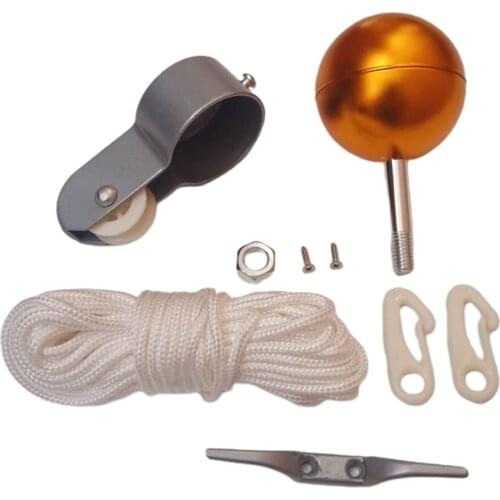 1 Set Flag Pole Parts Repair Kit Cleat 2" Dia Truck Pulley Golden Ball 11m Rope