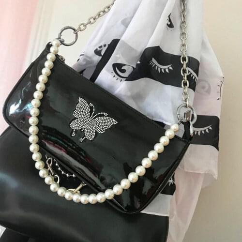Fashion Diamond Butterfly Baguette Handbag for Women Patent Leather Beaded Chain Ladies Armpit Shoulder Bags Vintage Girls Purse