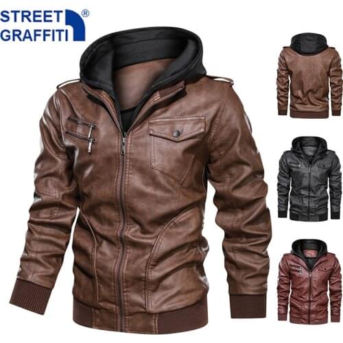 2021 Men New Motor Leather Jacket Men Casual Autumn Biker PU Leather Jackets Hooded Coat Zipper Detachable Hat Slim Jacket