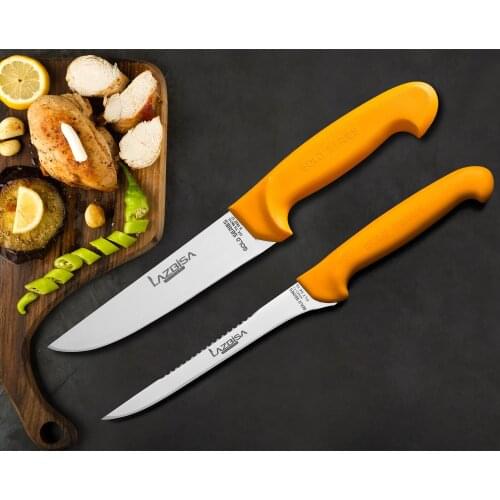 Lazbisa Kitchen Knife Set Butcher Meat Fish Top Serrated Fillet Knife and Butcher 1 Gold Series