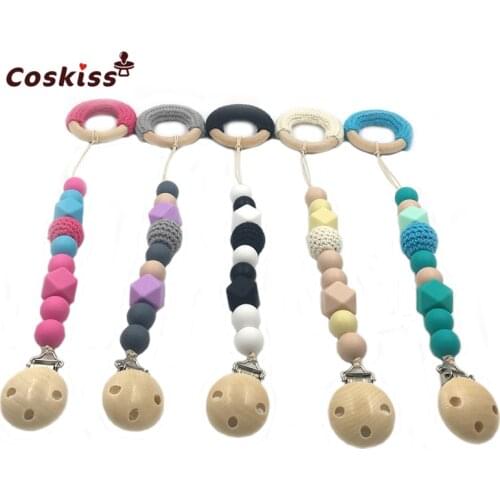 New Product Wooden Crochet Ring Food Grade Silicone Beads Wooden Crochet Beads Pacifier Clips DIY Baby Teether Nursing Toys
