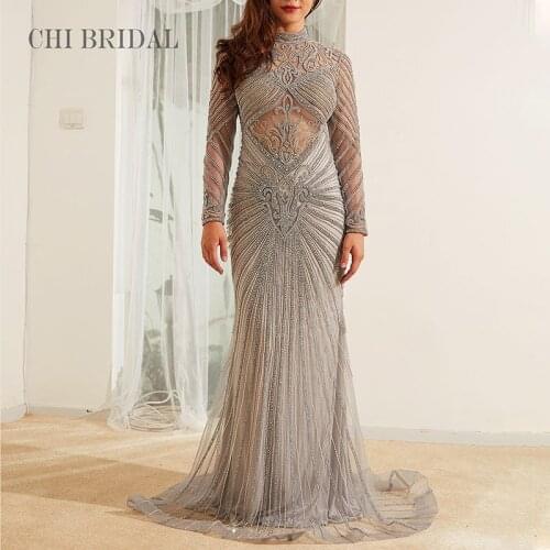 Luxury Hollow Perspective Evening Dress Handmade Beading Design Custom Evening Dress Elegant Trailing Long Dress Net Yarn