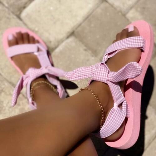 2021 Summer Bowknot Beach Sandals Woman Design Casual Women Flat Sandals Shoes Gingham Open Toe Sandalia Zapatillas Mujer