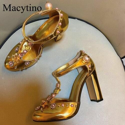 Rhinestone flower decoration ladies high heels round head pearl decoration thick heel fashion party high heel sandals