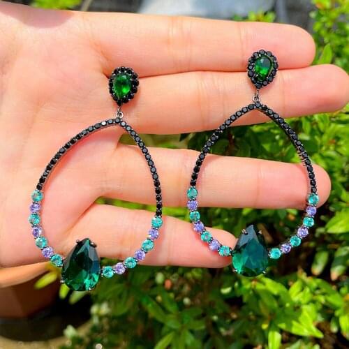 ThreeGraces Luxury Black Green CZ Crystal Long Big Hanging Round Dangle Party Earrings for Women Trendy Boho Style Jewelry ER639