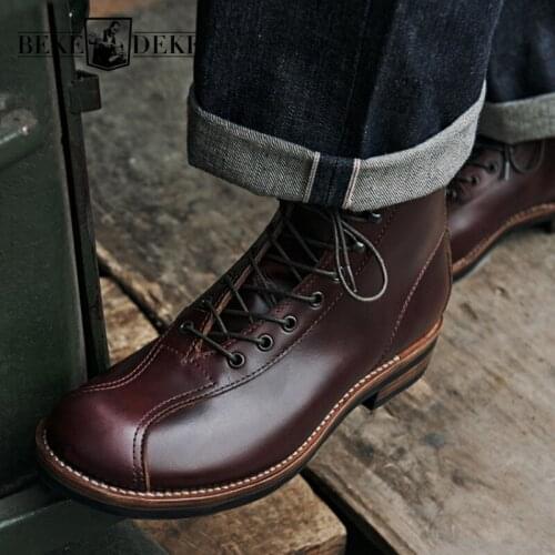 British Style Vintage Outdoor Genuine Leather Ankle Boots Mens New Round Toe Lace Up Thick Bottom Korean Style Fashion Boots