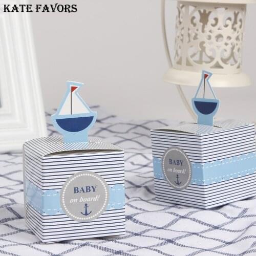 12Pcs "Baby On Board!" Pop-Up Sailboat Baby Candy Box Blue Birthday Party Baby Shower Decorations Kids Favor Gift Box