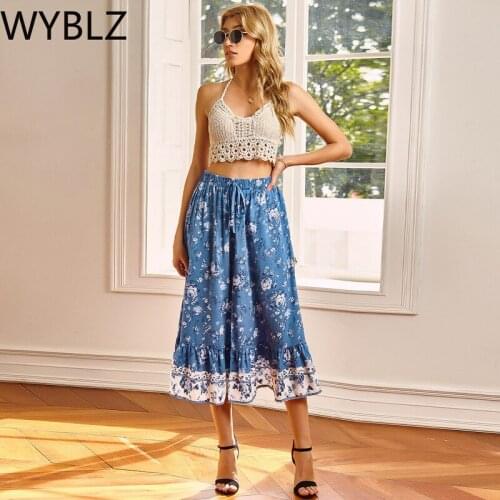 WYBLZ Vintage Floral Print Skirt Casual Drawstring Elastic Waist Midi Skirt Sexy Summer Split Beach Falda Mujer Faldas Bottom