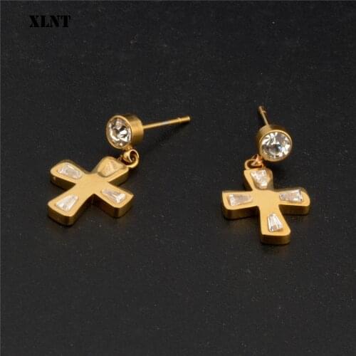 XLNT European Style Fashion Vintage Crystal Cross Stainless Drop Earrings for Women Party Fashion Jewelry Gift Brincos
