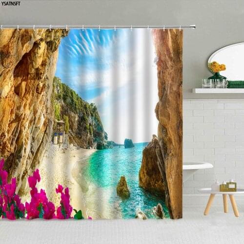 Natural Scenery Ocean Beach Flower Shower Curtain Reef Mountain Water Landscape Bathroom Supplies Hanging Curtains Decoration
