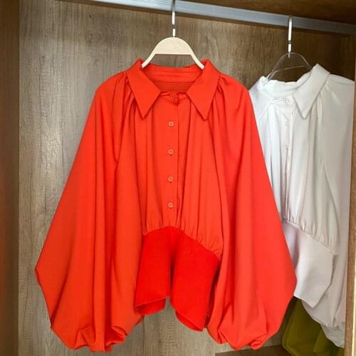 2021 Spring Temperament New Blouse Female Loose and Thin Lantern Sleeve Lapel Blusa Fashion All-match Shirt C346