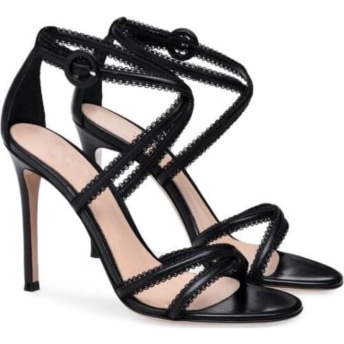 Dipsloot Woman Black White Solid Color Cross Bands Cover Heel Sandals Female Buckle Strap Open Toe Thin Heels Party Dress Shoes