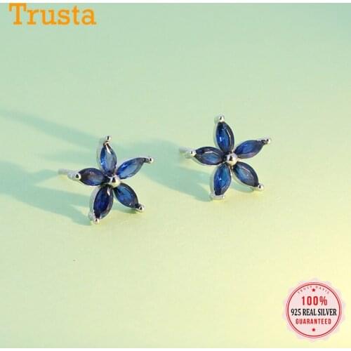 TrustDavis Real 925 Sterling Silver Fashion Sweet Flower Blue CZ Charm Stud Earrings For Women Wedding Party Fine Jewelry DS1255