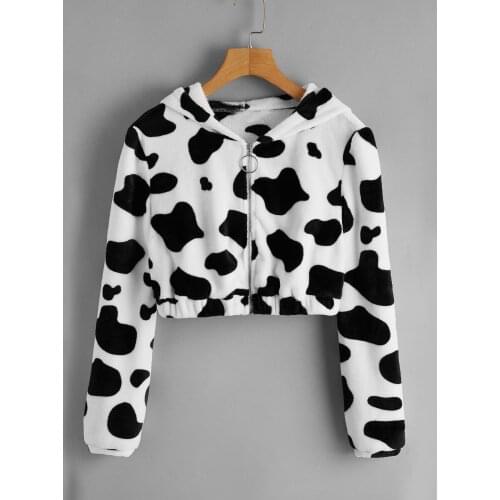 Cows Hooded Short Zip-up Womens Cow Printed Pullover Long Sleeve Hooded Jacket Sweatshirt Cute Blouse Sweat Shirts Lovely Coat