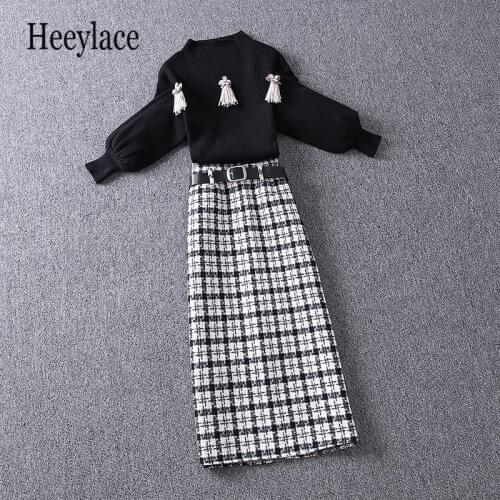 Women Autumn Winter Two Pieces Sets Office Ladies Clothing Set Turtleneck Knitted Sweaters And Tweed Plaid long Skirts Suits