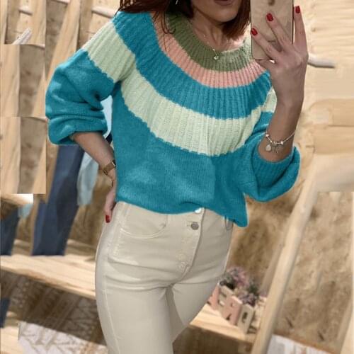 Autumn Sweater Women Striped Knitted Pullovers Top O-Neck Ladies Long Sleeve Cute Female Basic female Loose Pullover warm chic