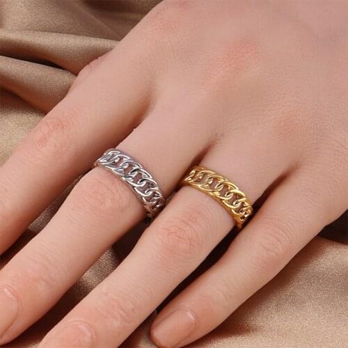 Punk Street Style Thick Chunky Chain Ring Cuban Curb Link Gold Filled Stainless Steel Stylish Ring for Women Simple Design rings
