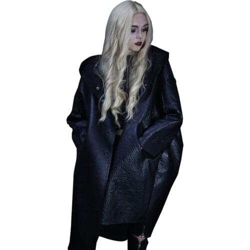 New Arrival Punk Womens Coats Black PU Long Hooded Coat Visual Rock Punk Irregular Coats Individual Dark Punk Loose Coats