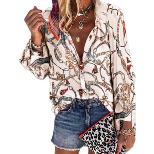 2021 New Fashion Plus Size 5XL Women Blouse V-Neck Collar Long Sleeve Chains Print Loose Casual Shirts Womens Tops And Blouses