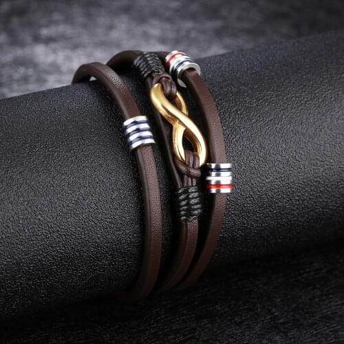 21CM Vintage Brown Luxury Stainless Steel Leather Bracelet For Men Infinity Figure 8 Leather Gift Jewelry 2021 Trend