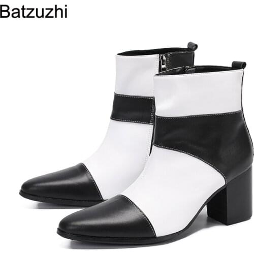 Batzuzhi British Style New Men Shoes Pointed Toe Black White Genuine Leather Boots Ankle Men for Knight/Party and Wedding, 38-46