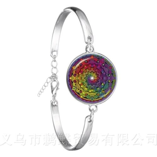 Mandala Bracelet Beautiful Flowers Glass Cabochon Black/Brown Leather Bangles For Men Women Jewelry Creative Gift For Friends